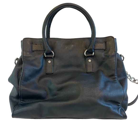 Michael Kors Hamilton Leather Satchel Black With Silver Lock & Chain Large - Picture 4 of 16